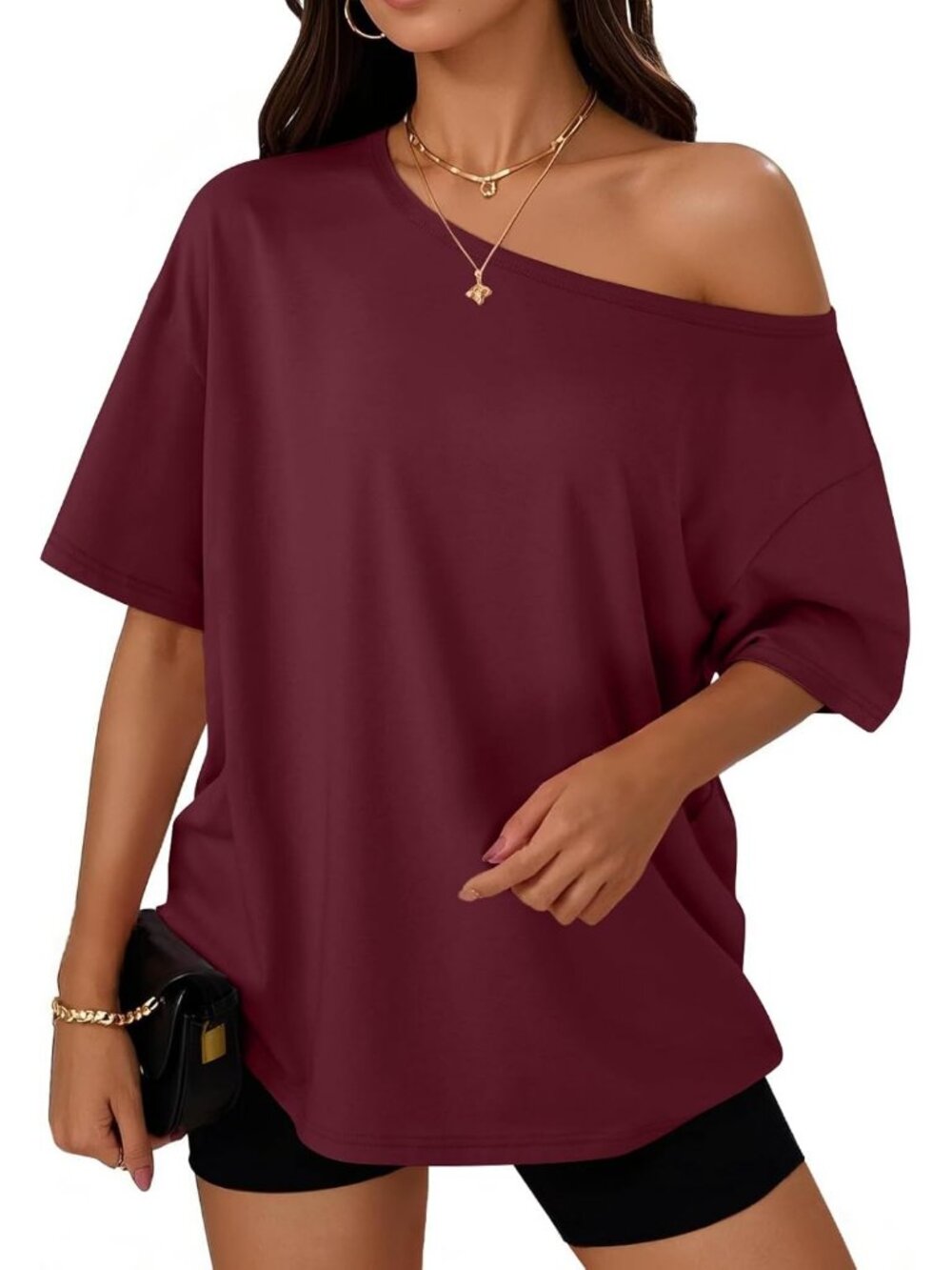 Women's Wine Red Off Shoulder Oversized Short Sleeve Casual Summer Tee Tops